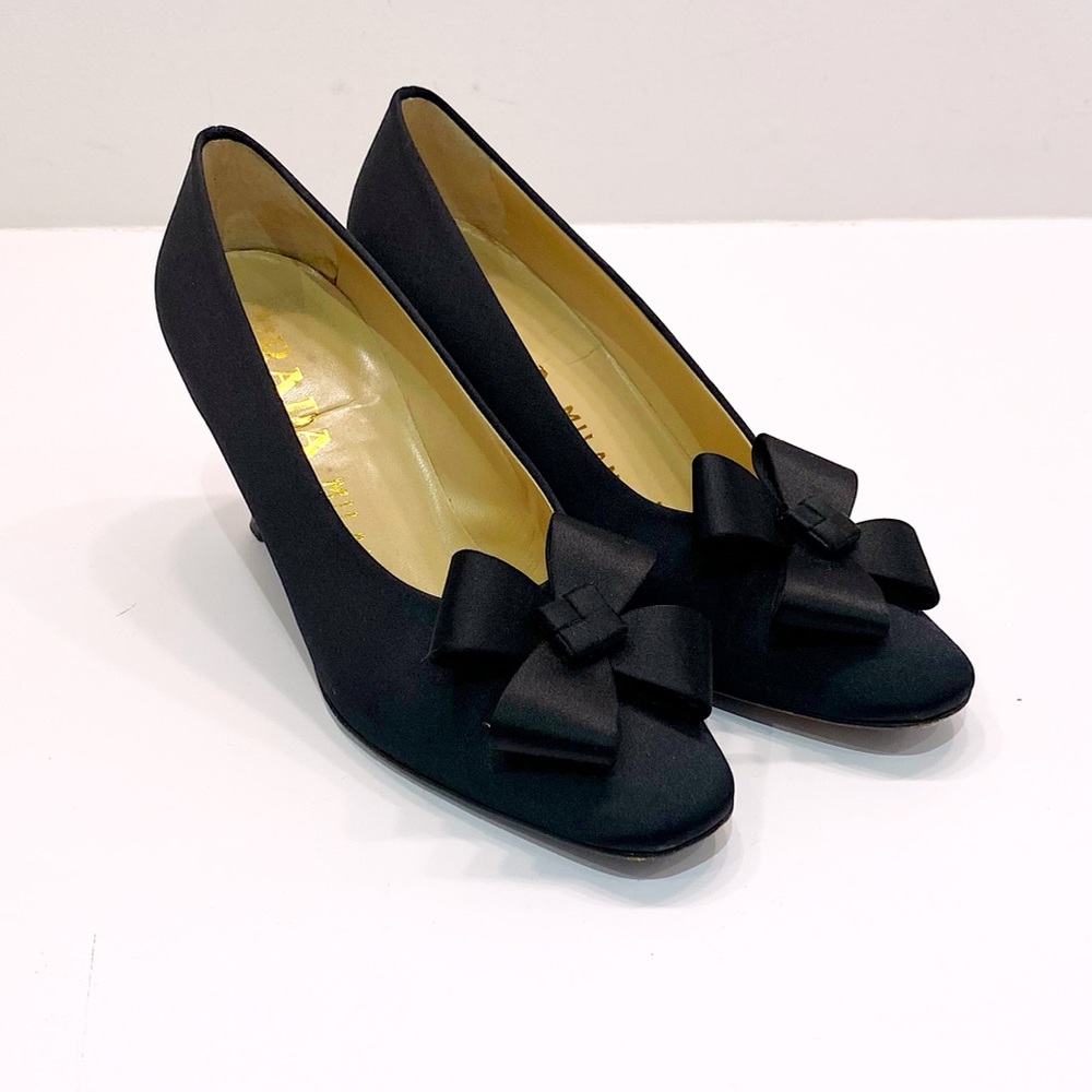 Prada Black Satin Heels with Bows - Size 36.5